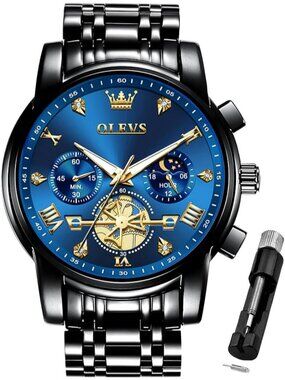 Men's Black Blue Skeleton Stainless Steel Diamond And Calendar Chronograph Watch